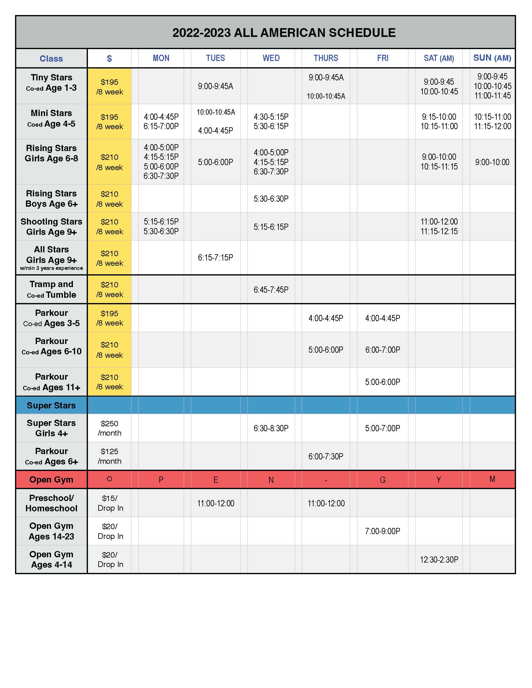 Recreational Schedule All American Gymnastic Dance Academy