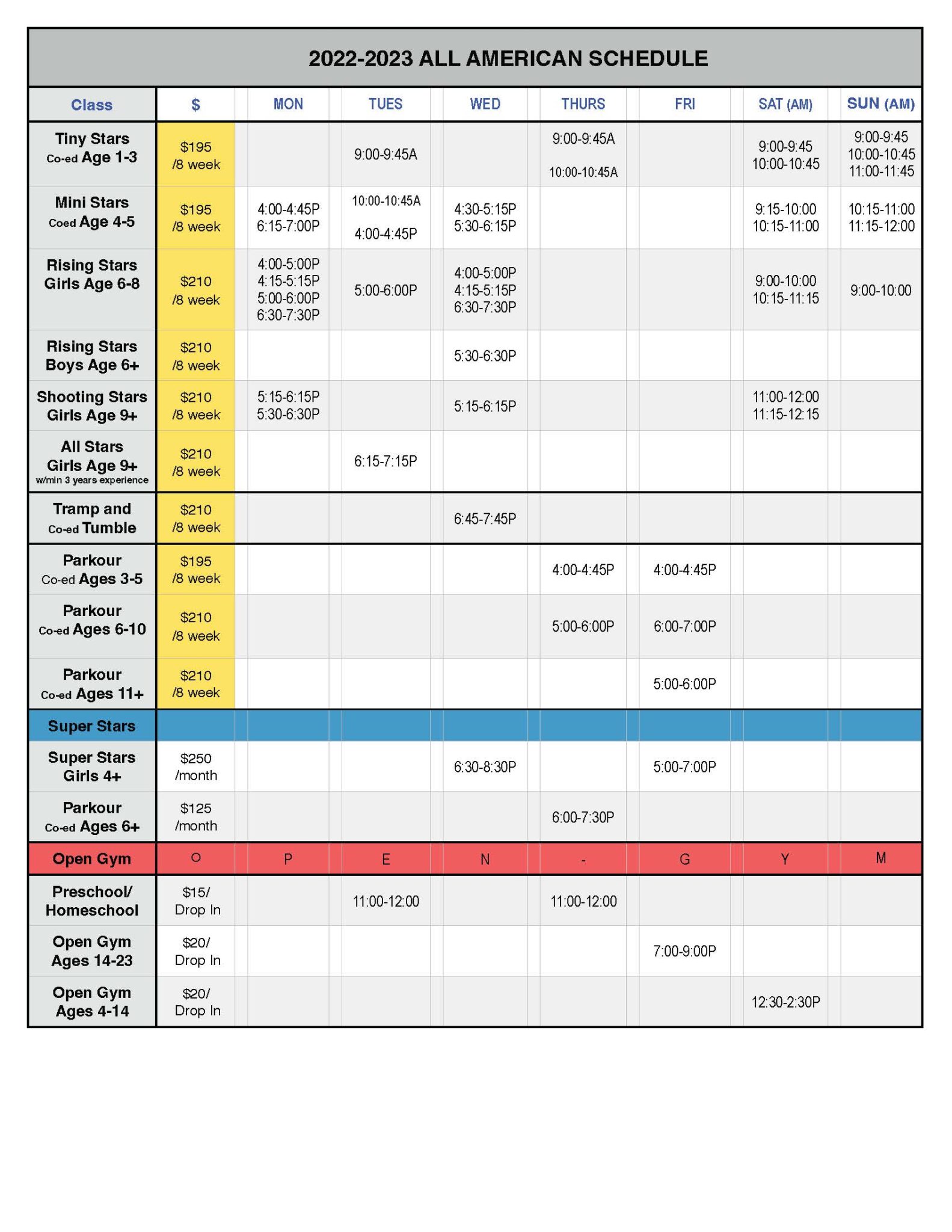 Recreational Schedule - All American Gymnastic & Dance Academy